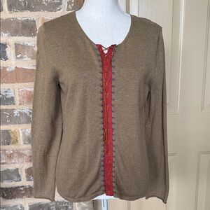 SOblue by Sigrid Olsen Brown Faux Leather Lace Front Sweater Sz M